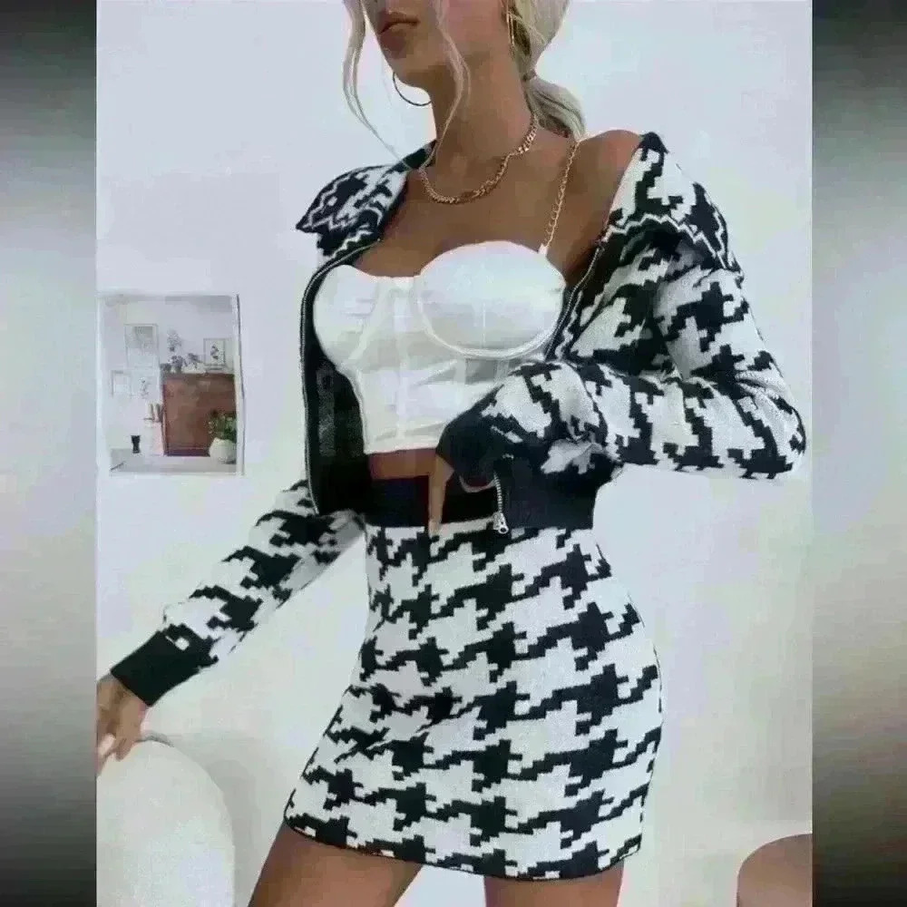 NWT SHEIN houndstooth black and white 2 piece skirt set size - Picture 6 of 7